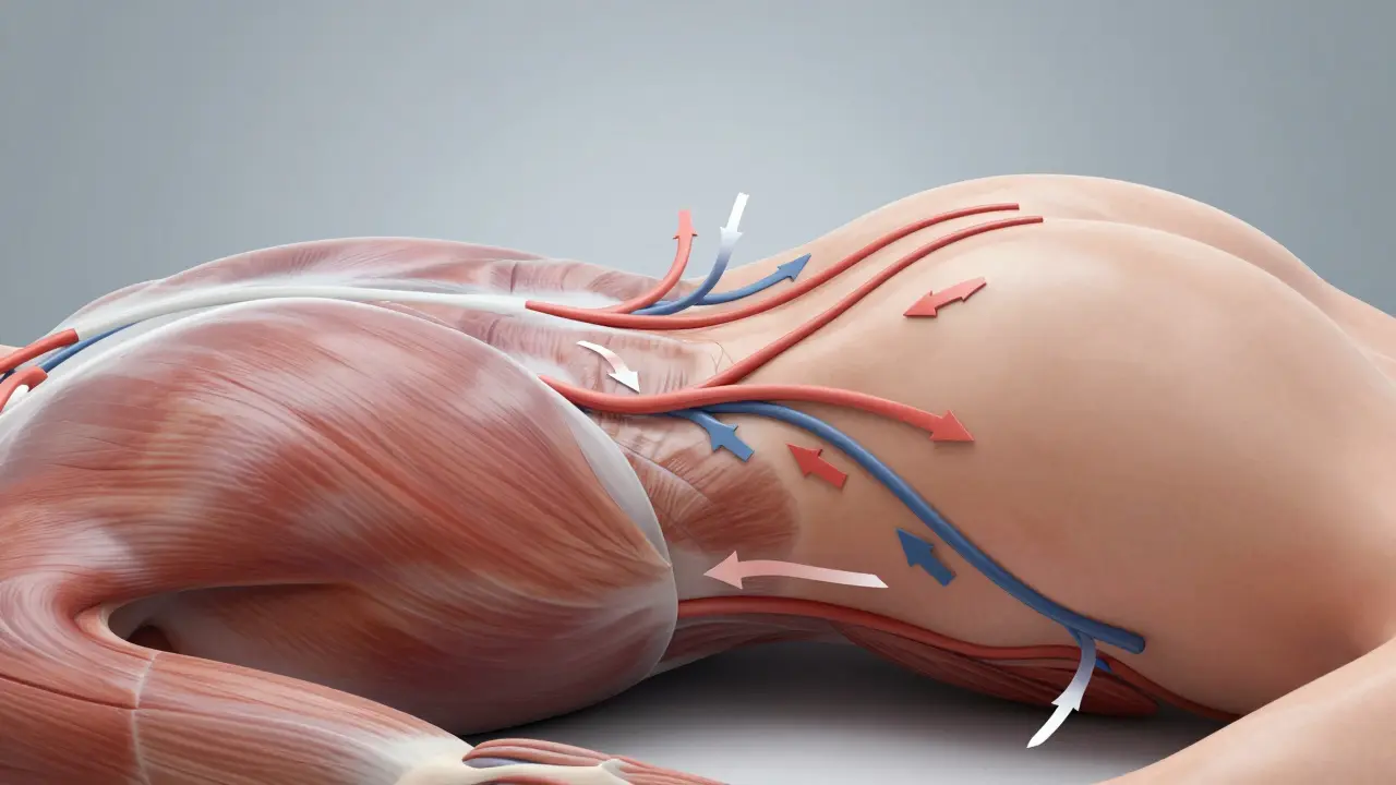 Schematický vnitřní pohled na účinky vakuoterapie: zvýšený krevní tok a uvolnění svalových uzlů.