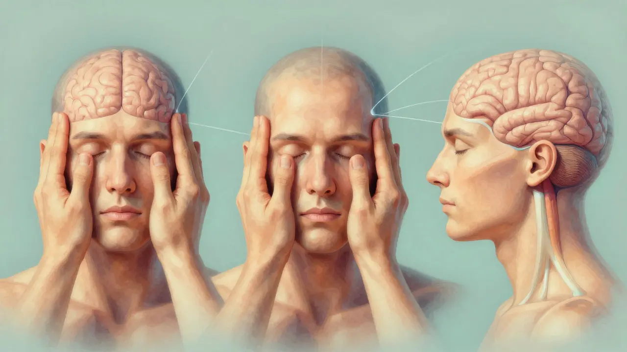 Tři klíčové oblasti pro antimigrenozní masáž: čelo, klíční kost a čelist s jemnými energetickými linkami.