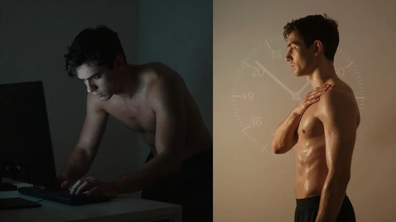 Dvě strany jednoho obrazu: napjatý pracovník před počítačem vs. uvolněná osoba po masáži s přechodem od tmavého ke světlému.