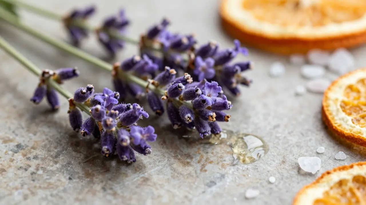 Levandule, kapka oleje a sušené pomeranče představují aromaterapii.