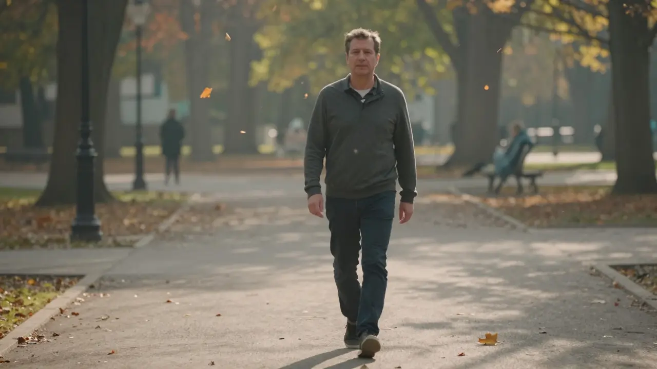 Muž kráčí v parku s uvolněným postojem, symbolizující přirozené zarovnání páteře po Dornově metodě.