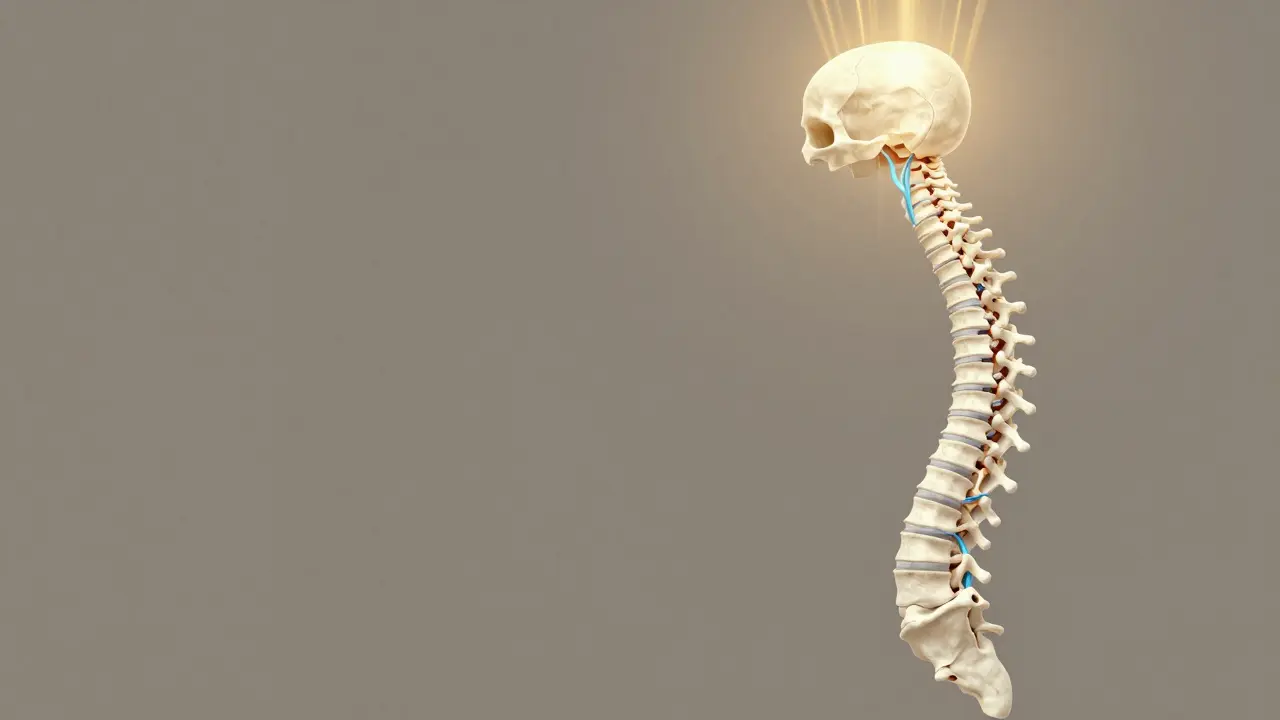 Nesprávně zarovnané obratle krční páteře s tlačenými nervy a krevními cévami, které se vyrovnávají do přirozené polohy.