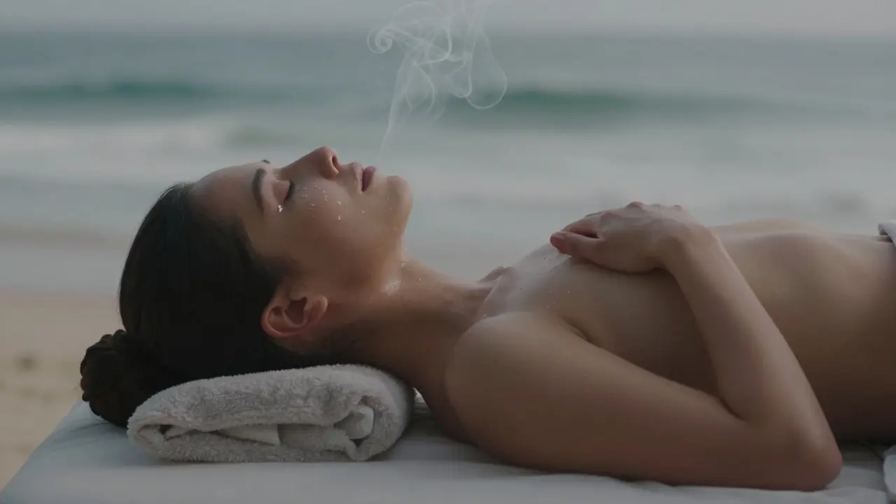 Osoba po masáži Lomi Lomi leží klidně s očima zavřenými, slzy na tváři, v klidném, duchovně nabitém prostředí.