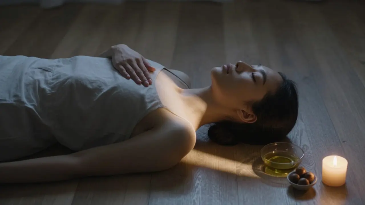 Osoba se masíruje sama, leží na podlaze, měsíční světlo osvětluje její tělo a olejovou mísečku v pozadí.