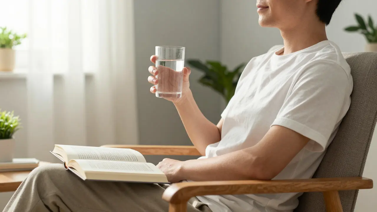 Osoba si užívá odpočinek s knihou a vodou v domácím prostředí.