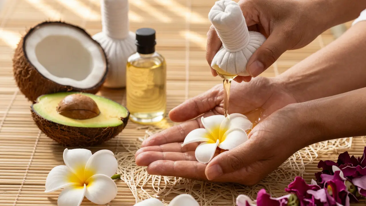 Přírodní havajské oleje s květy plumerie a tiare na dřevěných rukách v teplém světle.