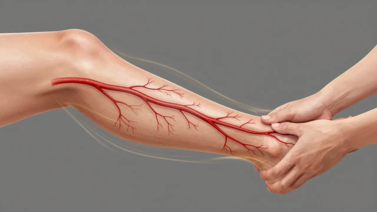 Průhledný pohled na rozšiřující se cévy v noze pod vlivem masáže, s vizuálním znázorněním průtoku krve.