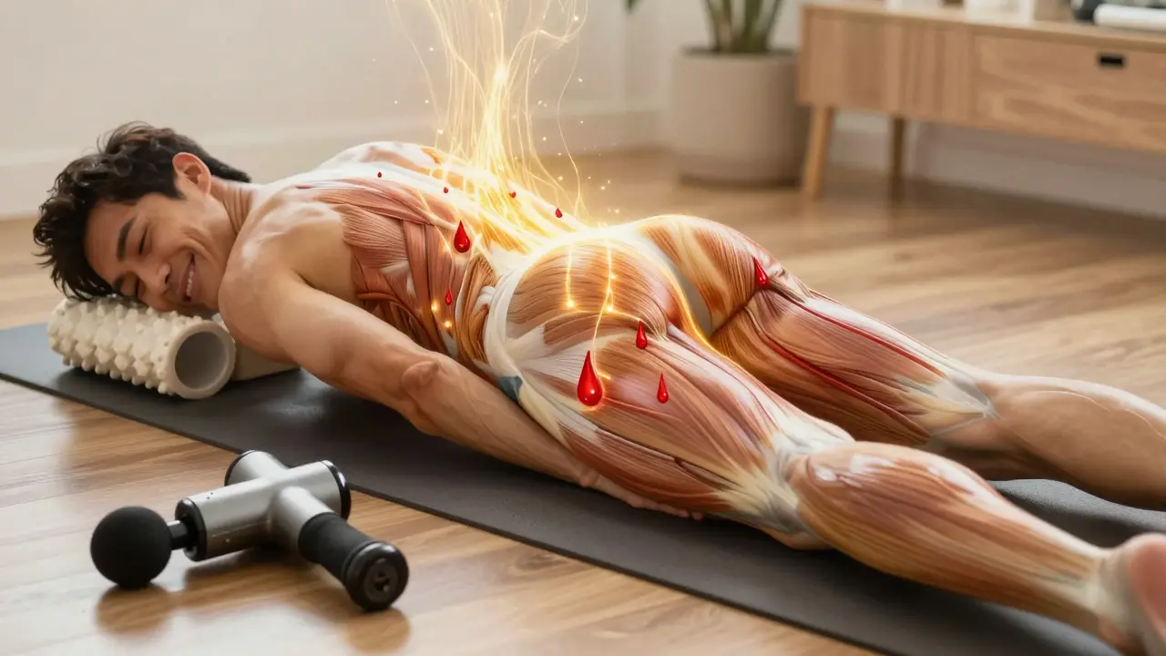 Sportovec po masáži, s vizuálním efektem zlatého světla proudícího svaly, symbolizující dlouhodobé zlepšení cirkulace.