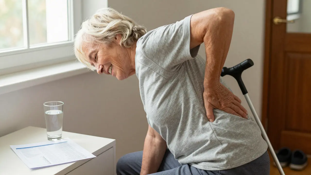 Starší pacient si doma pomáhá masáží záda pomocí válečku.