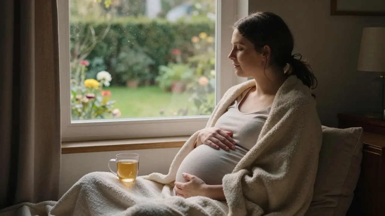 Těhotná žena po masáži sedí v klidu, zabalena do plátna, a dívá se z okna na zahradu.