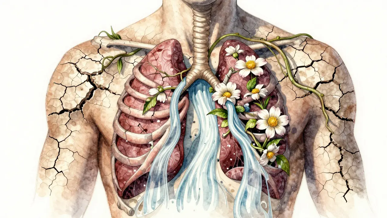 Tělo jako krajina: rozvětvené plicní kapesy se rozšiřují jako květy.