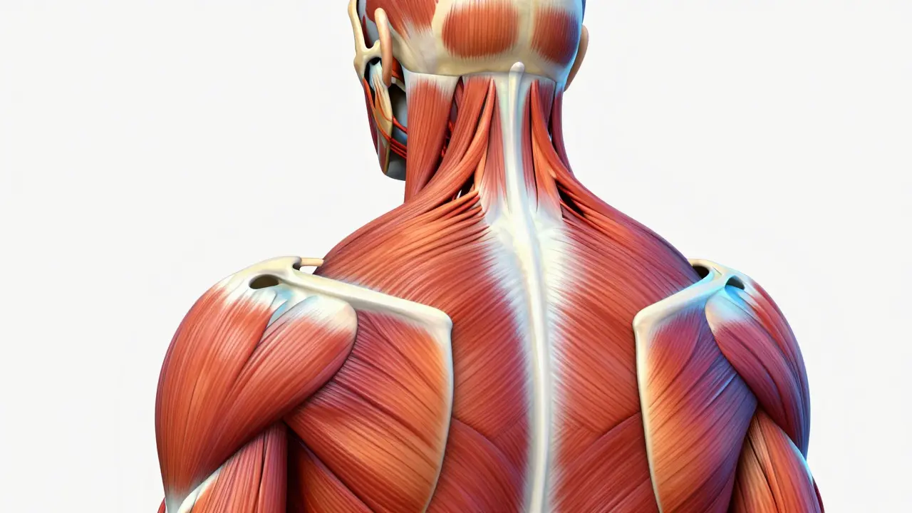 Anatomická ilustrace s červeně zvýrazněnými trigger body v oblasti ramen a šíje.