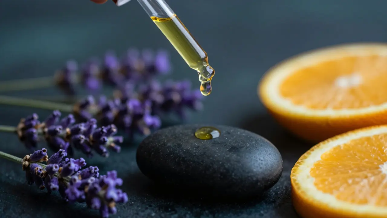 Detail kapky esenciálního oleje, levandule a citrusů u hladkého kamene.