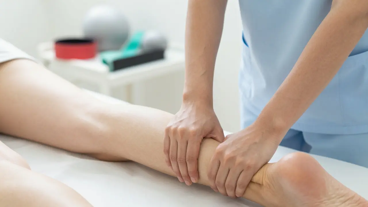 Detail rehabilitační masáže s fyzioterapeutskými pomůckami v pozadí.