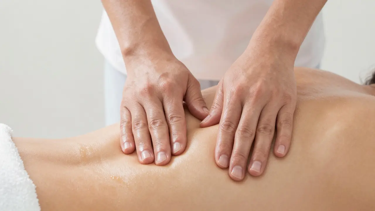 Detailní pohled na techniku hnětení svalů v oblasti beder během masáže.