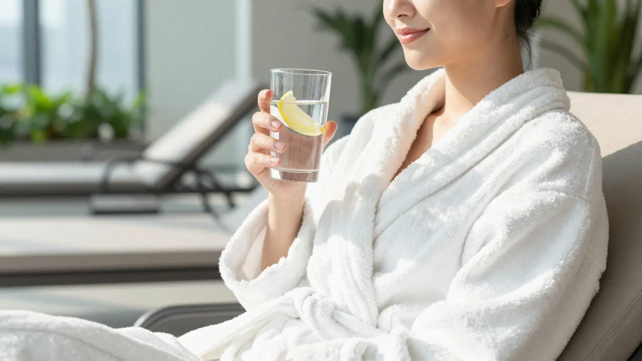 Odpočívající osoba v bílém župku s glasses vody v bright wellness prostoru.