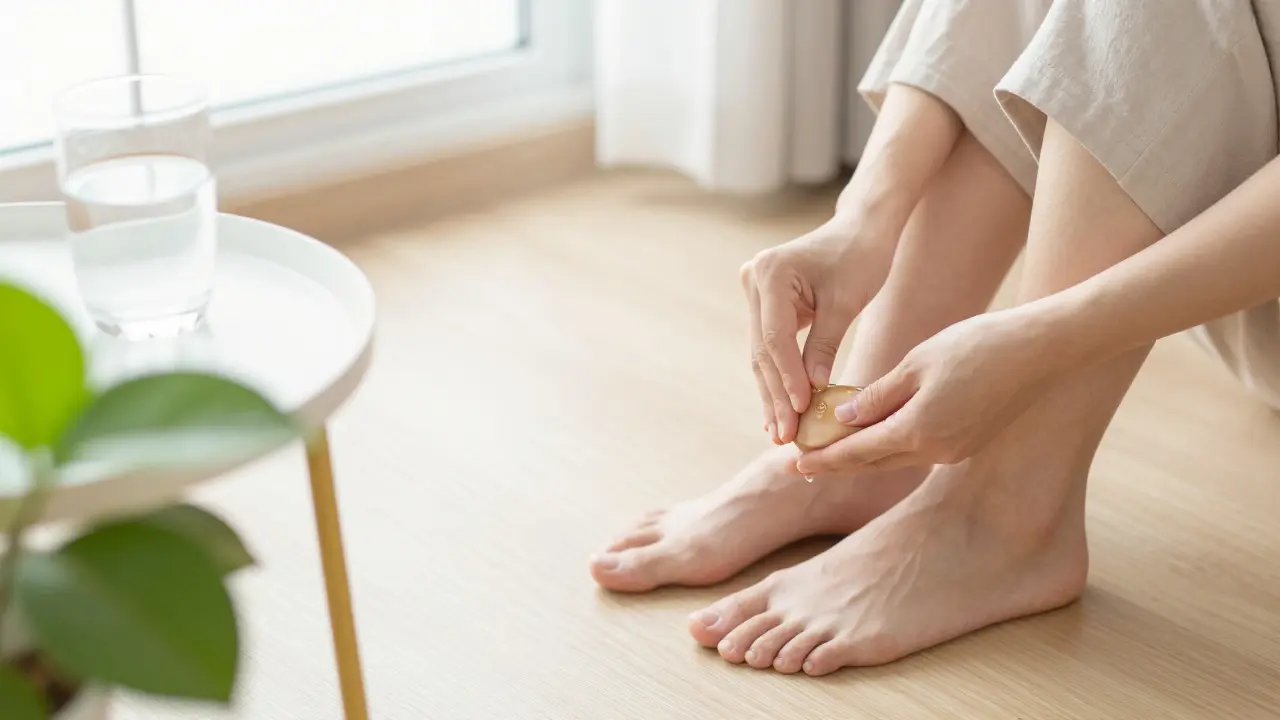 Osoba si doma jemně masíruje plosku nohy s použitím přírodního oleje pro relaxaci.
