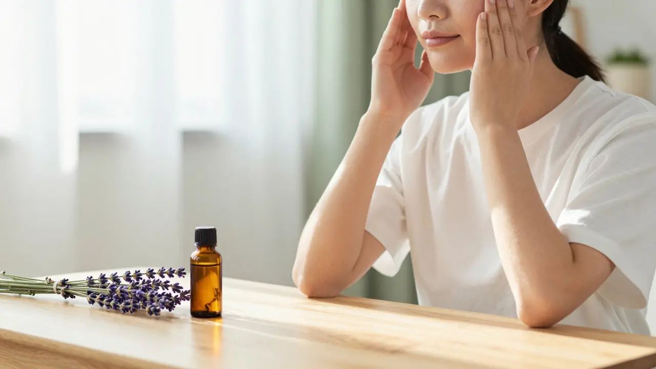 Osoba si v klidném prostředí masíruje spánky vedle esenciálního oleje z máty a levandule.