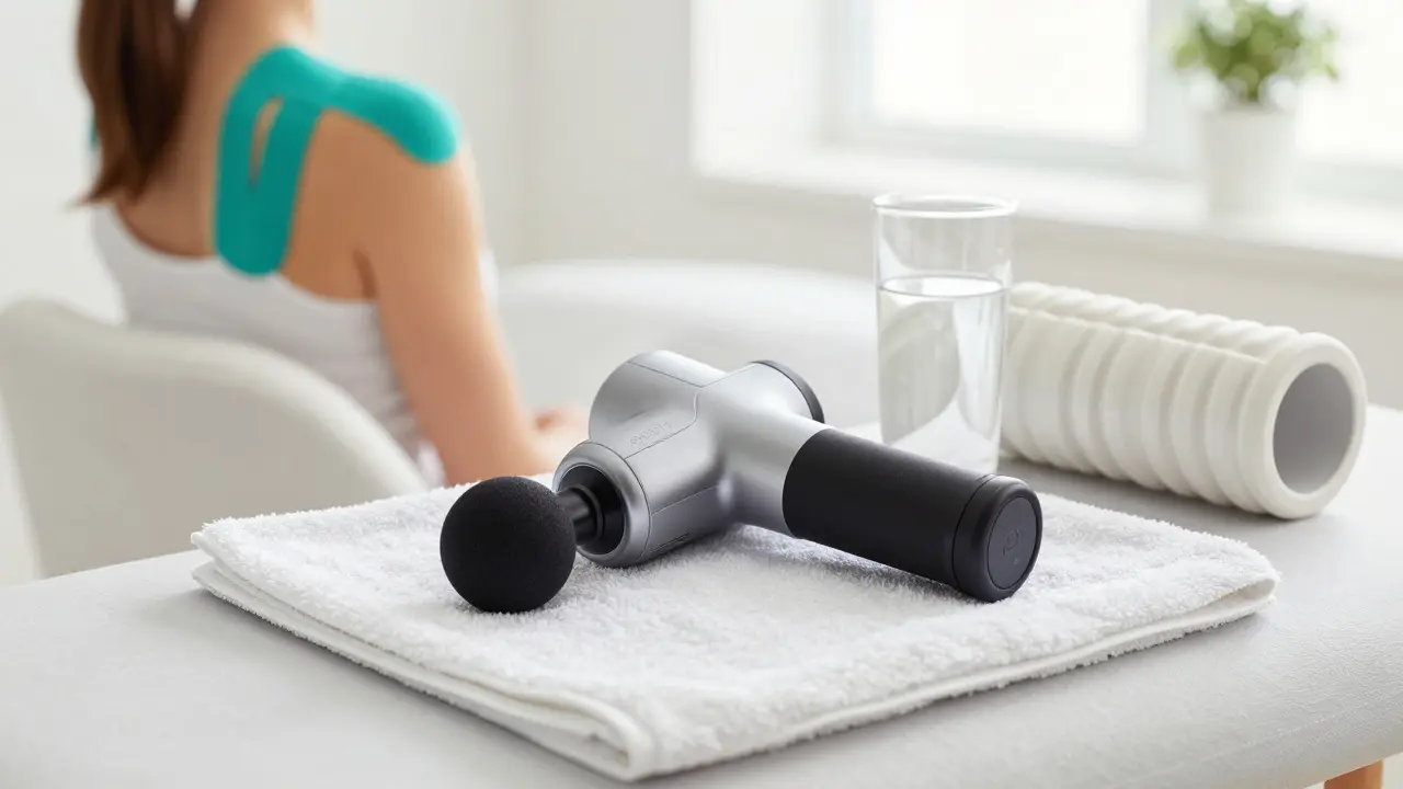 Sada pomůcek pro regeneraci: perkusní pistole, masážní válec a sklenice vody.