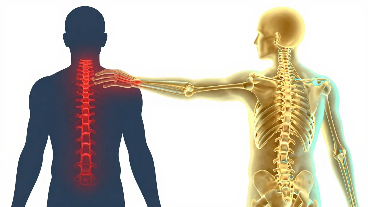 Umělecké zobrazení přechodu od svalového napětí a bolesti k volnému pohybu.