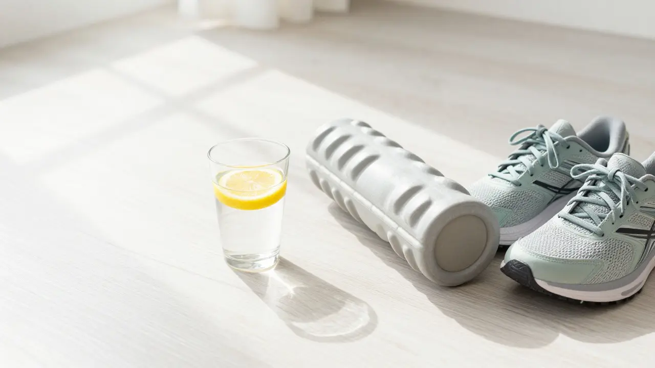 Voda, foam roller a sportovní boty jako součást rutiny po masáži.