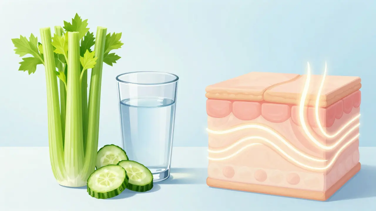 Čerstvá zelenina a voda symbolizující hydrataci a detoxikaci