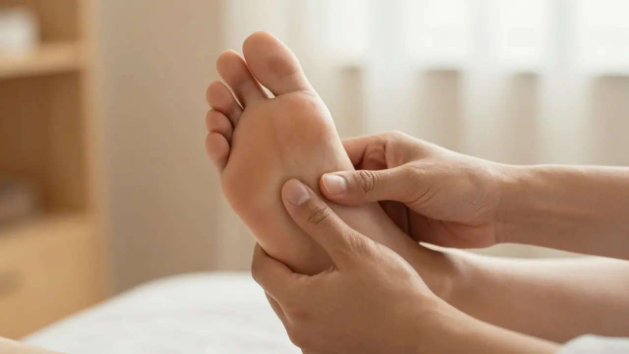 Terapeut aplikuje tlak na reflexní body nohy v klidné místnosti