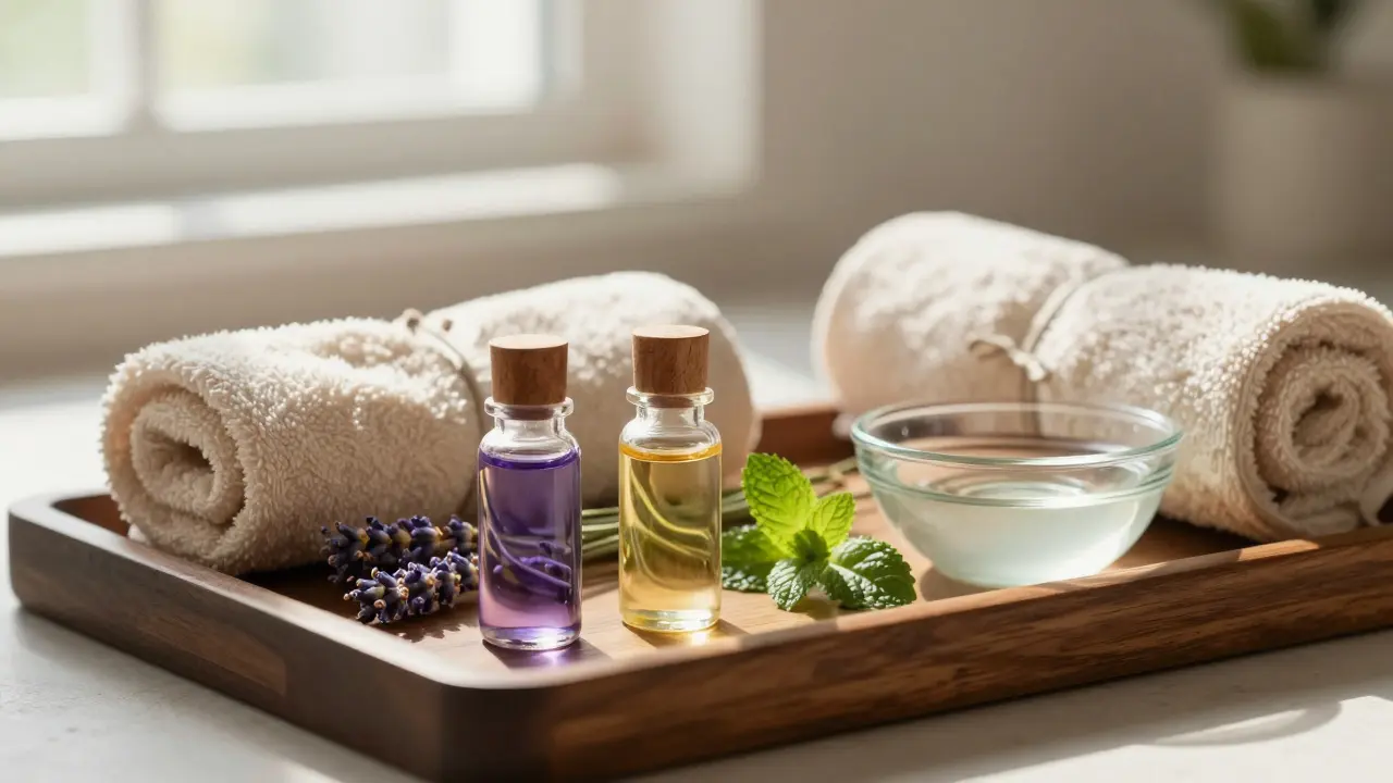 Eterické oleje a ručníky připravené pro relaxační aromaterapii