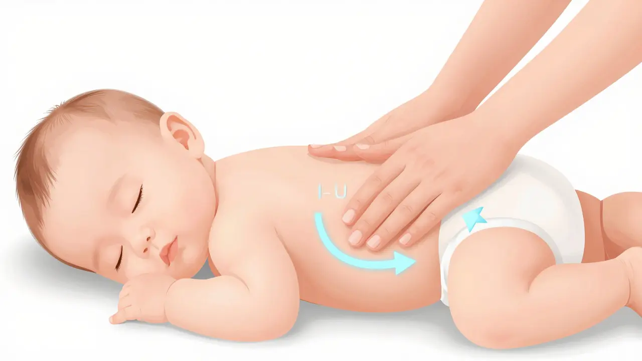 Ilustrace masáže břicha u miminka se šipkami ukazujícími směr peristaltiky