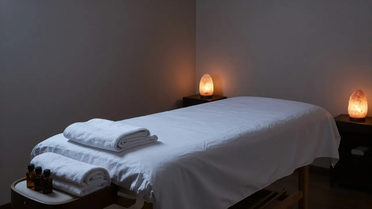 Klidná a tmavá místnost s masážním stolem pro relaxaci