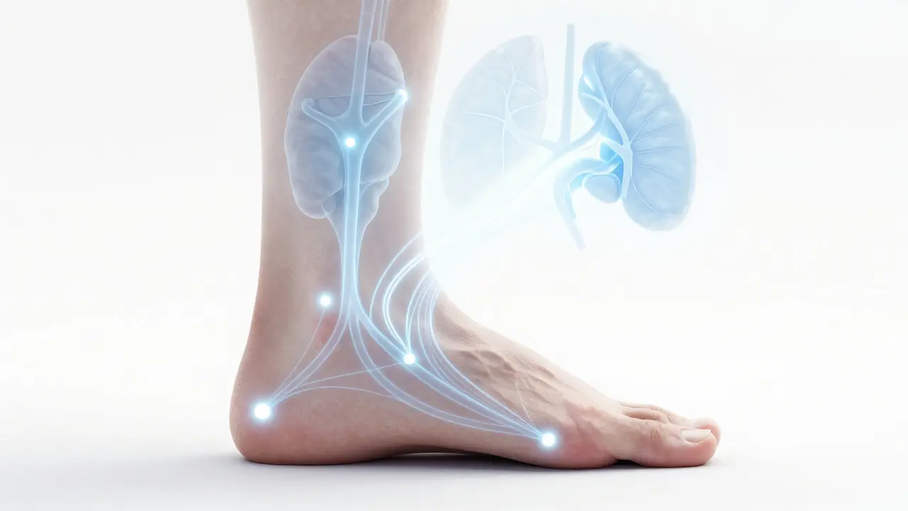 Conceptual art of foot connected to glowing organ shapes