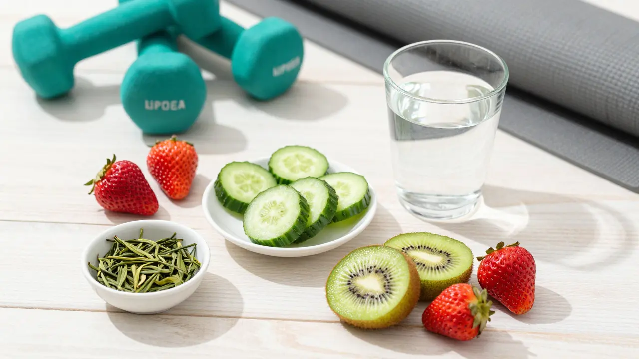 Diuretická jídla jako okurky a jahody vedle fitness vybavení