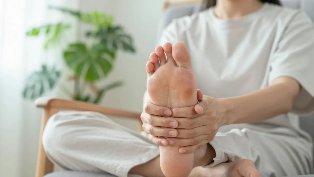 Person relaxing while massaging their own foot at home