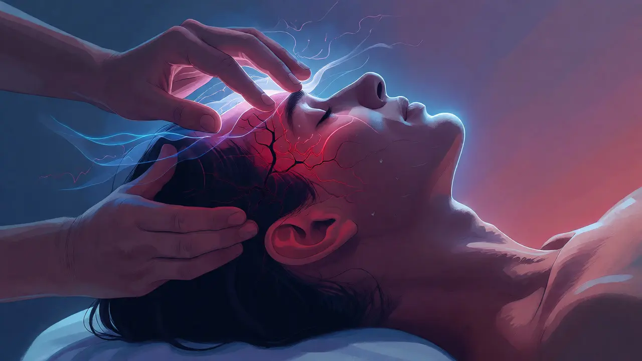 Ilustrace masáže spánků s vizualizací úlevy od migrenózní bolesti a napětí.