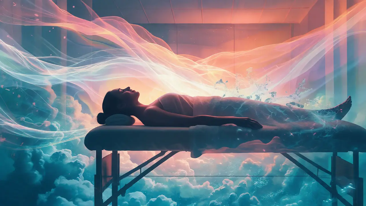 Abstraktní vizualizace hluboké relaxace a toku energie po masáži