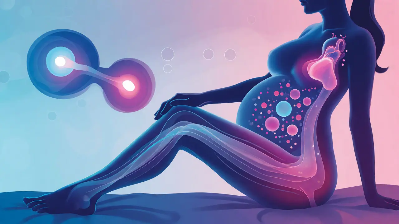 Konceptuální znázornění toku hormonů a lymfy při těhotenské masáži