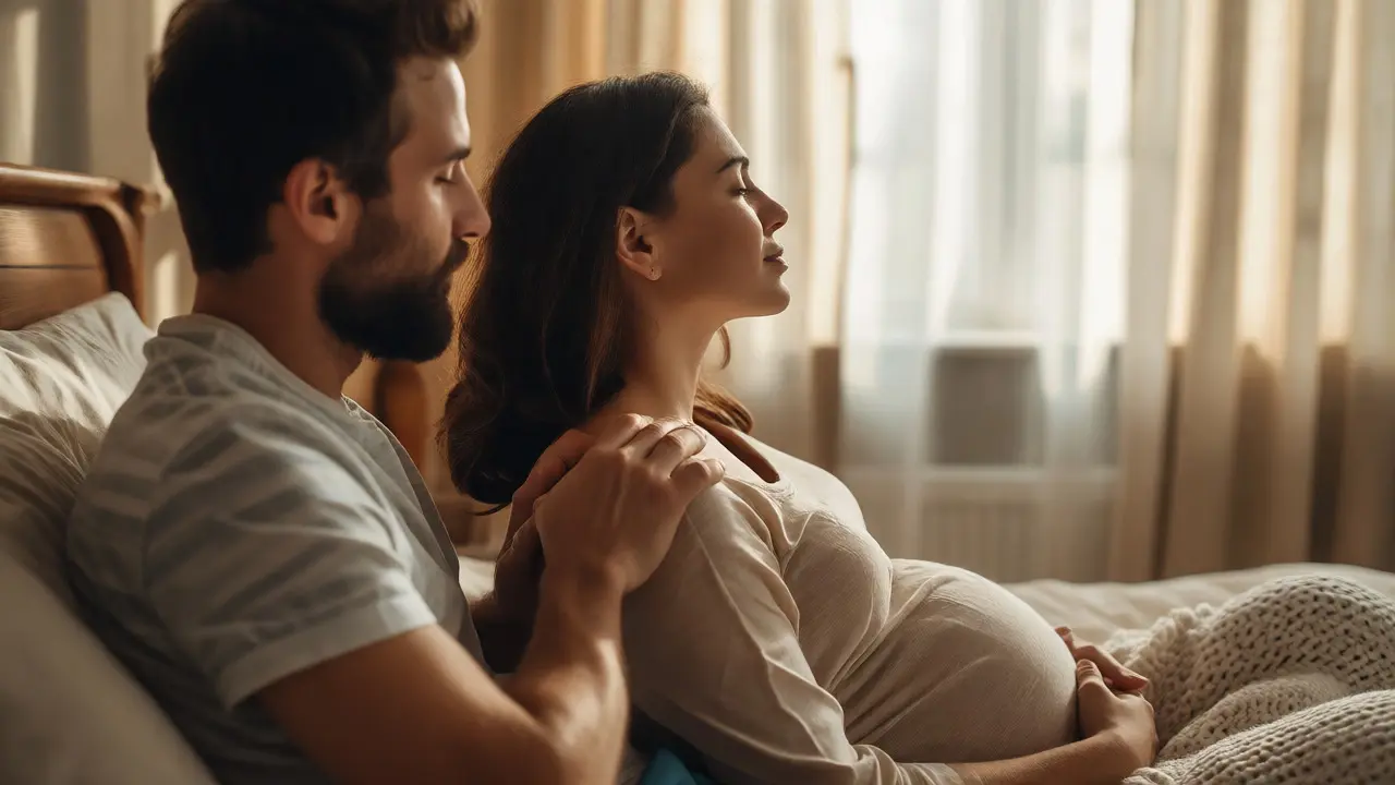 Partner jemně masíruje ramena své těhotné manželce v klidném prostředí
