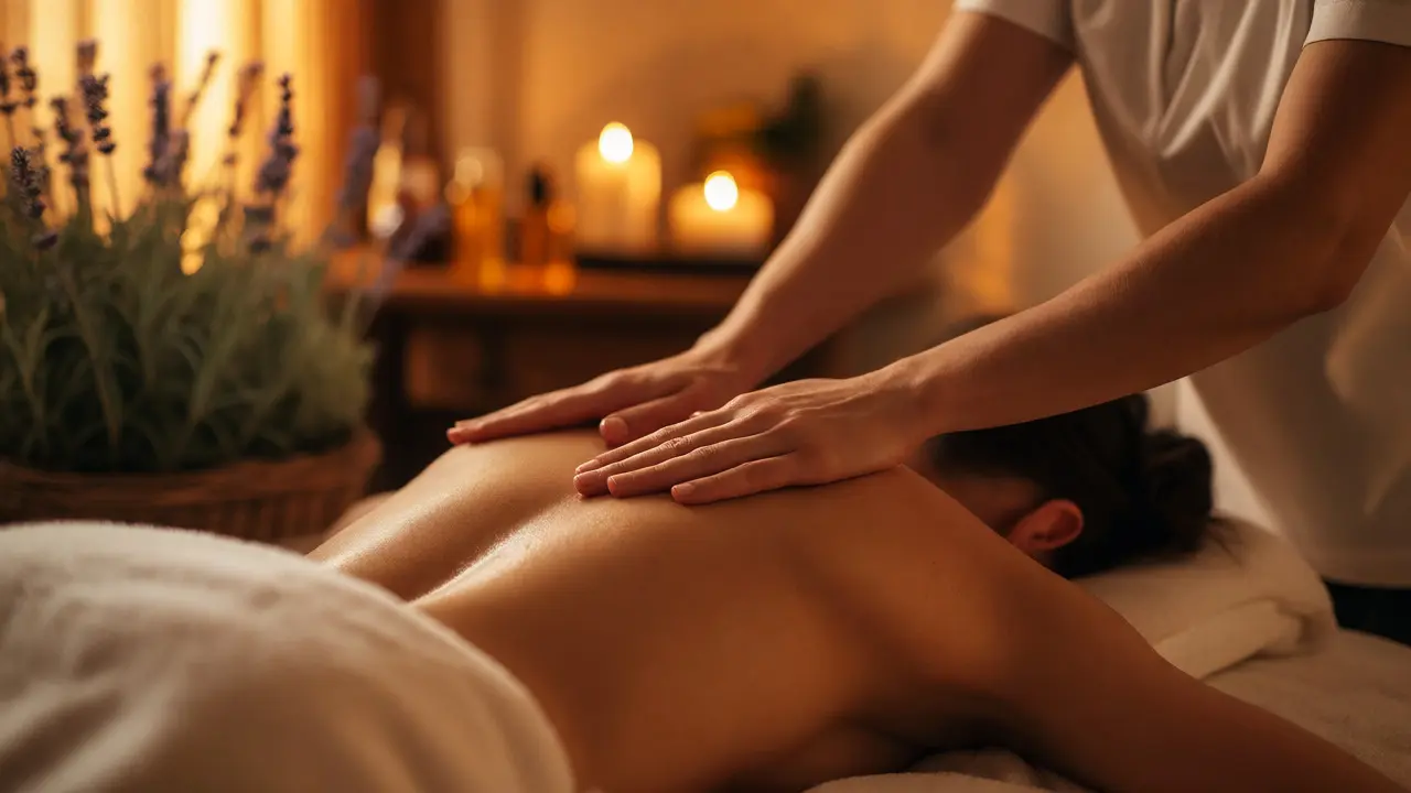 Terapeut provádí relaxační masáž zad v teplém světle